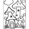 A black and white illustration of three whimsical mushroom-shaped houses with round doors and windows, surrounded by grass and small mushrooms, under a cloudy sky.