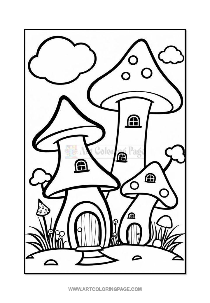 A black and white illustration of three whimsical mushroom-shaped houses with round doors and windows, surrounded by grass and small mushrooms, under a cloudy sky.