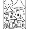 A black and white coloring page featuring two whimsical mushroom-shaped houses set on a grassy area with round bushes, flowers, and clouds in the sky.