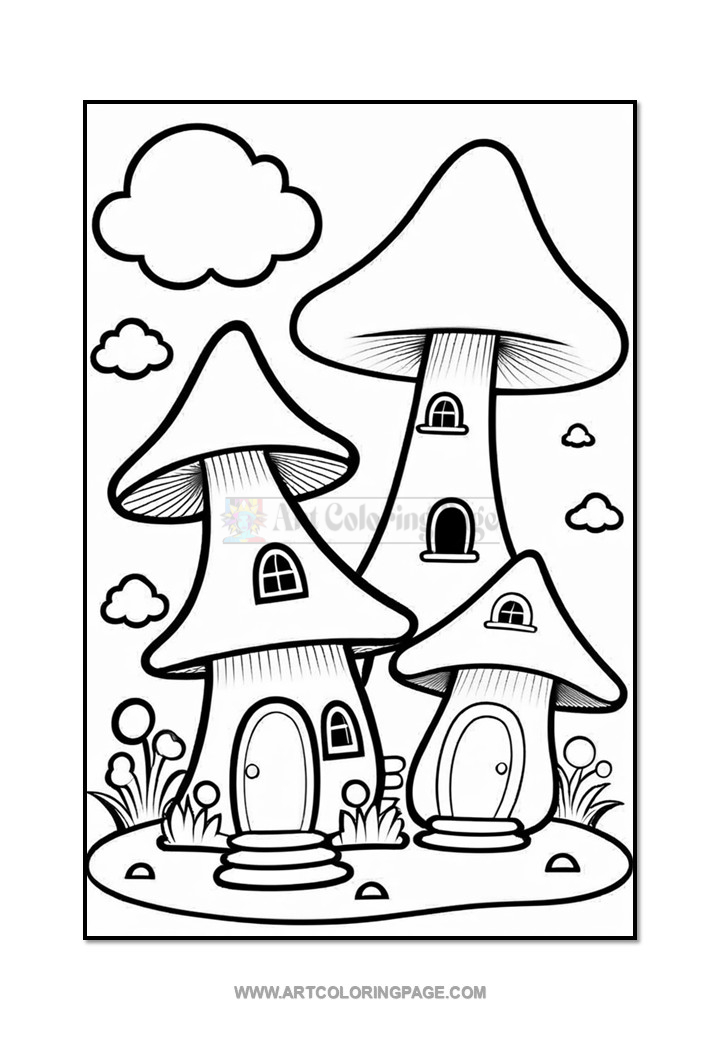 A black and white coloring page featuring two whimsical mushroom-shaped houses set on a grassy area with round bushes, flowers, and clouds in the sky.