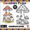 A colorful illustration of a mushroom house alongside a black-and-white outline version of the same design, with 'Coloring Pages' and 'Volume 16: Mushroom House' text at the bottom against a red background. The top features a colorful title and a decorative pencil border.