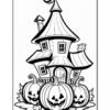 A whimsical black and white illustration of a fairy tale-style house with a pointed roof and a curved chimney, surrounded by three smiling jack-o'-lanterns on a grassy patch, perfect for coloring.