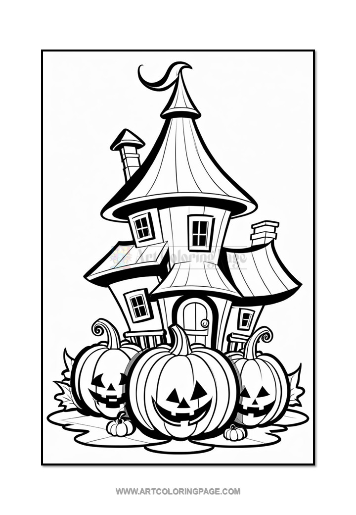 A whimsical black and white illustration of a fairy tale-style house with a pointed roof and a curved chimney, surrounded by three smiling jack-o'-lanterns on a grassy patch, perfect for coloring.