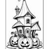 A whimsical haunted house with a pointed roof and circular windows, surrounded by three large, grinning jack-o'-lanterns, set against a white background.