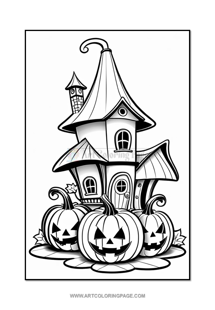 A whimsical haunted house with a pointed roof and circular windows, surrounded by three large, grinning jack-o'-lanterns, set against a white background.