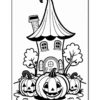 A whimsical black and white illustration of a house with a tall, pointed roof surrounded by large, carved jack-o'-lanterns and trees, set in a playful Halloween theme.