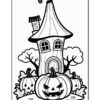 A whimsical, cartoon-style house with a pointed roof, accompanied by several large pumpkins with carved faces, and surrounded by trees and bushes, all depicted in black and white outline for coloring.