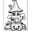 A whimsical cartoon-style house with a pointed roof and chimney, surrounded by pumpkins, trees, and foliage, designed for coloring.