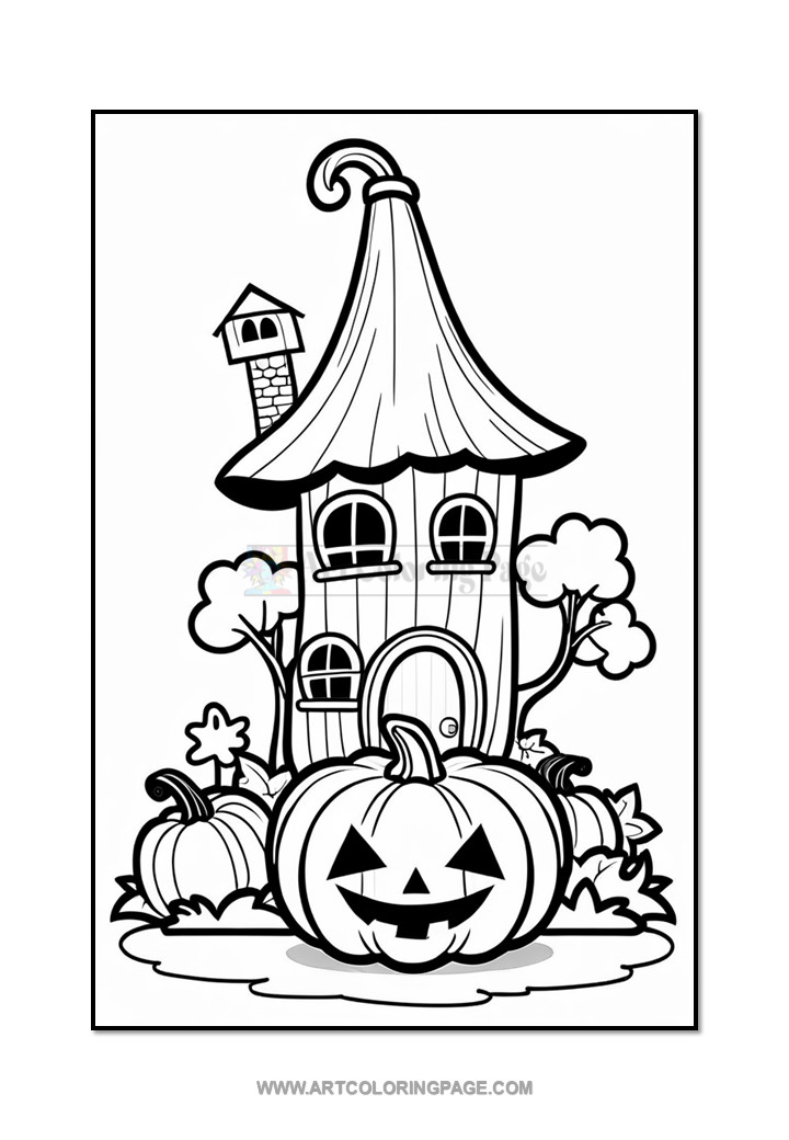 A whimsical cartoon-style house with a pointed roof and chimney, surrounded by pumpkins, trees, and foliage, designed for coloring.