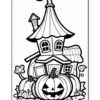 A whimsical, cartoon-style house with a pointed roof and a small chimney, surrounded by several pumpkins, including one with a carved jack-o'-lantern face, and some decorative flowers.