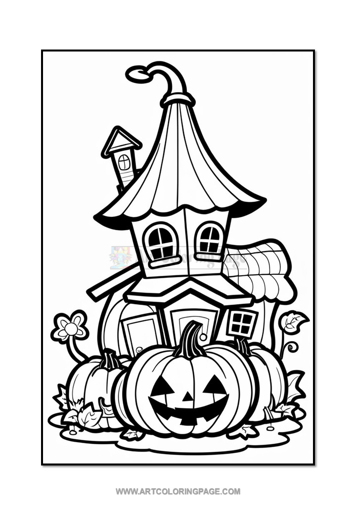 A whimsical, cartoon-style house with a pointed roof and a small chimney, surrounded by several pumpkins, including one with a carved jack-o'-lantern face, and some decorative flowers.