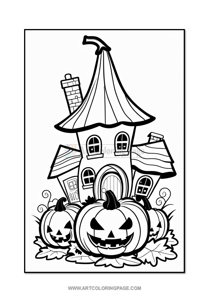 A whimsical cartoon-style haunted house with a crooked roof surrounded by several large, grinning jack-o'-lanterns and leafy vines, set against a blank background, designed for coloring.