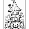A whimsical illustration of a small, cartoonish house with a pointed roof and a chimney, surrounded by several smiling pumpkins with carved faces and leafy vines.