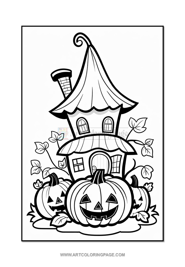 A whimsical illustration of a small, cartoonish house with a pointed roof and a chimney, surrounded by several smiling pumpkins with carved faces and leafy vines.