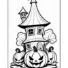 A whimsical black and white illustration of a haunted house with a tall, slanted roof, surrounded by cartoonish jack-o'-lanterns and leafy plants, set against a plain background, ideal for coloring.