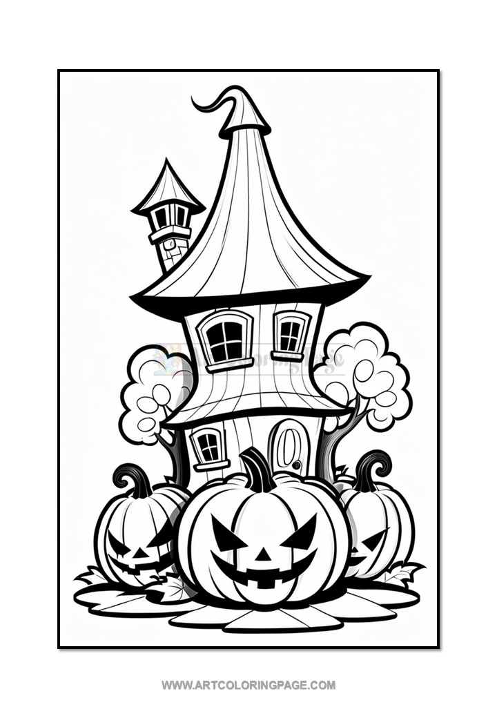 A whimsical black and white illustration of a haunted house with a tall, slanted roof, surrounded by cartoonish jack-o'-lanterns and leafy plants, set against a plain background, ideal for coloring.