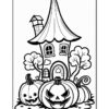 A whimsical black and white illustration of a fairy-tale house with a pointed roof, surrounded by two large, cartoonish pumpkins—one smiling and the other with a mischievous grin—set in a grassy area with small trees and clouds in the background.