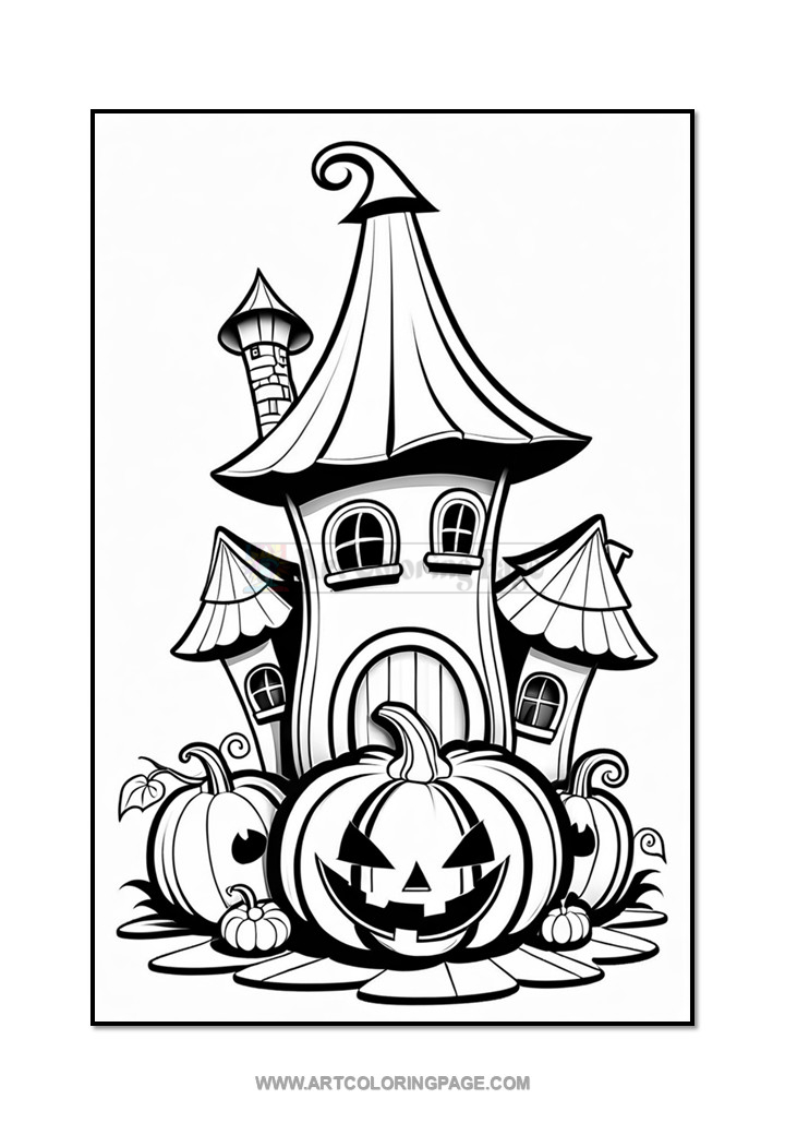 A whimsical haunted house with a tall, pointed roof and multiple windows, surrounded by several pumpkins, including a large jack-o'-lantern with a mischievous grin. The image is outlined for coloring, featuring a playful Halloween theme.