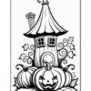A whimsical black-and-white illustration of a house with a pointed roof, surrounded by large pumpkins and swirling vines, ideal for coloring.