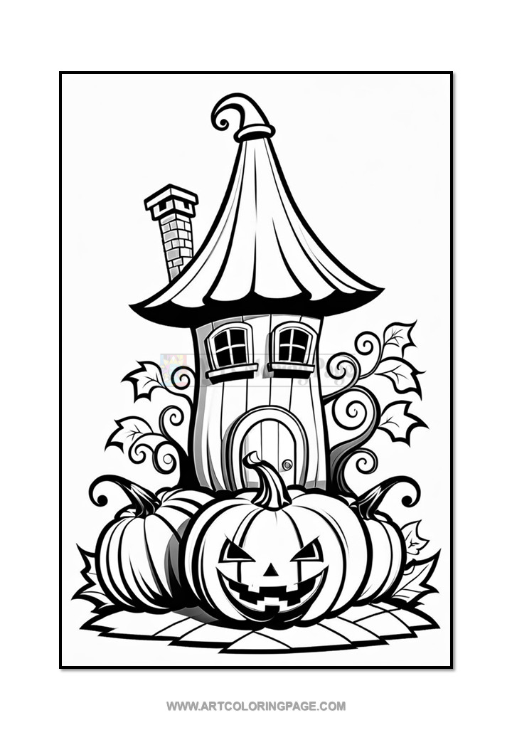 A whimsical black-and-white illustration of a house with a pointed roof, surrounded by large pumpkins and swirling vines, ideal for coloring.