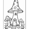 A coloring page featuring whimsical mushroom houses with large, polka-dotted caps, a doorway, and small stone pathways surrounded by grass and foliage.