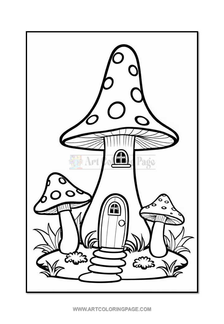 A coloring page featuring whimsical mushroom houses with large, polka-dotted caps, a doorway, and small stone pathways surrounded by grass and foliage.