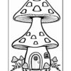 A whimsical coloring page featuring a large mushroom-shaped house with a door and windows, surrounded by smaller mushrooms and grass.