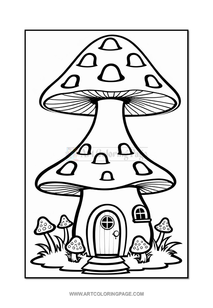A whimsical coloring page featuring a large mushroom-shaped house with a door and windows, surrounded by smaller mushrooms and grass.