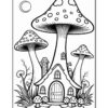 A black and white coloring page featuring a whimsical mushroom house surrounded by various mushrooms and plants, with a moon in the sky.