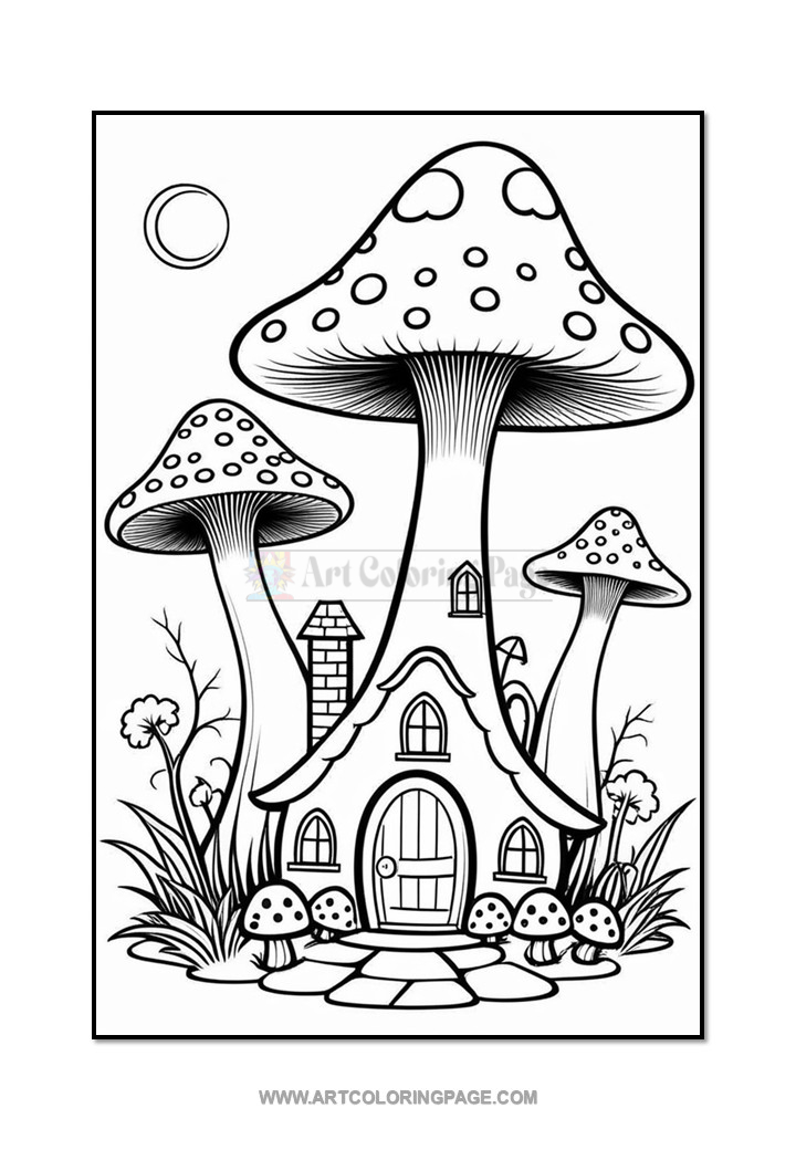 A black and white coloring page featuring a whimsical mushroom house surrounded by various mushrooms and plants, with a moon in the sky.