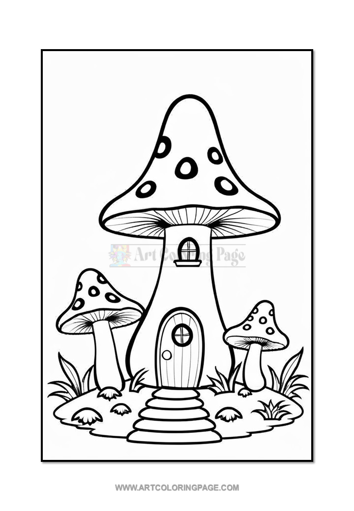A whimsical coloring page featuring a mushroom-shaped house with a rounded roof adorned with polka dots, flanked by smaller mushrooms and grass. A set of stone steps leads up to the door of the house.
