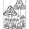 A black and white illustration of two large, cartoonish mushroom houses with spotted caps, featuring windows and doors, surrounded by smaller mushrooms and grass, suitable for coloring.