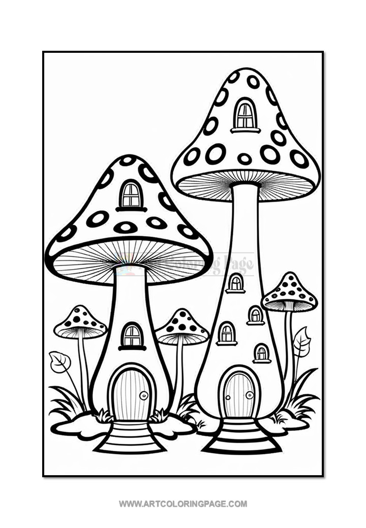 A black and white illustration of two large, cartoonish mushroom houses with spotted caps, featuring windows and doors, surrounded by smaller mushrooms and grass, suitable for coloring.