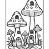 A coloring page featuring two large, whimsical mushroom houses with dotted caps and small doors, surrounded by smaller mushrooms, flowers, and winding paths in a grassy area.