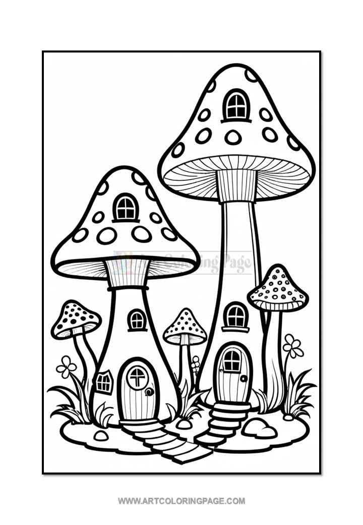 A coloring page featuring two large, whimsical mushroom houses with dotted caps and small doors, surrounded by smaller mushrooms, flowers, and winding paths in a grassy area.