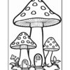 A black and white coloring page featuring three whimsical mushrooms, two of which have curved tops and dotted caps, with small doors at the base, surrounded by grass and a smaller mushroom nearby.