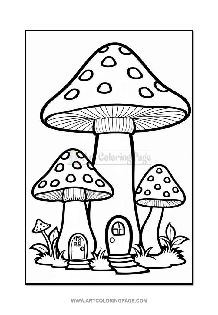A black and white coloring page featuring three whimsical mushrooms, two of which have curved tops and dotted caps, with small doors at the base, surrounded by grass and a smaller mushroom nearby.