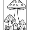 A black and white coloring page featuring three large mushrooms with polka dots on their caps, each mushroom has a small door at the base, surrounded by grass and smaller plants.