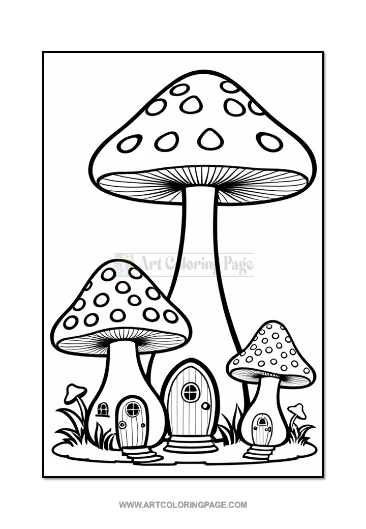 A black and white coloring page featuring three large mushrooms with polka dots on their caps, each mushroom has a small door at the base, surrounded by grass and smaller plants.