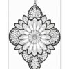 A detailed black and white mandala design shaped like a flower or ornament, featuring intricate petal patterns and a hanging loop at the top, set against a plain white background.