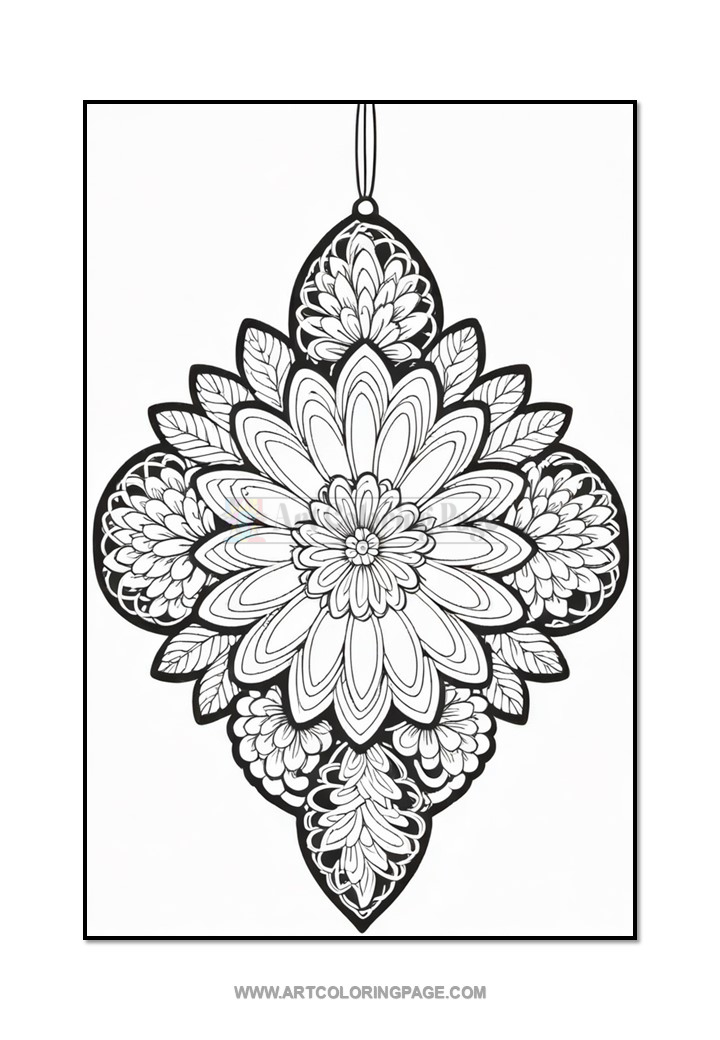 A detailed black and white mandala design shaped like a flower or ornament, featuring intricate petal patterns and a hanging loop at the top, set against a plain white background.