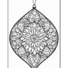 A detailed, black outline illustration of an ornament featuring an intricate floral design with symmetrical patterns, surrounded by curvy lines and teardrop shapes. The ornament is topped with a small loop for hanging.