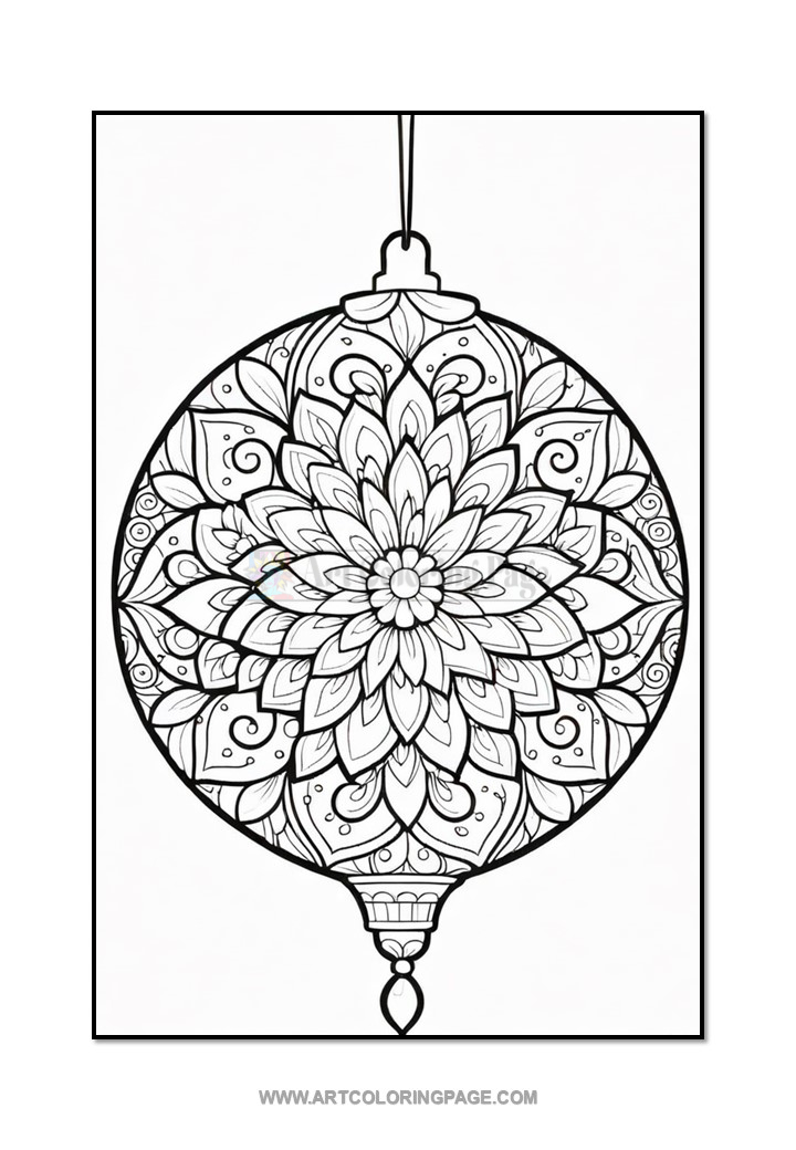 A black and white intricate mandala-style ornament featuring a floral design at the center and delicate swirls, hanging from the top with a decorative pendant at the bottom.