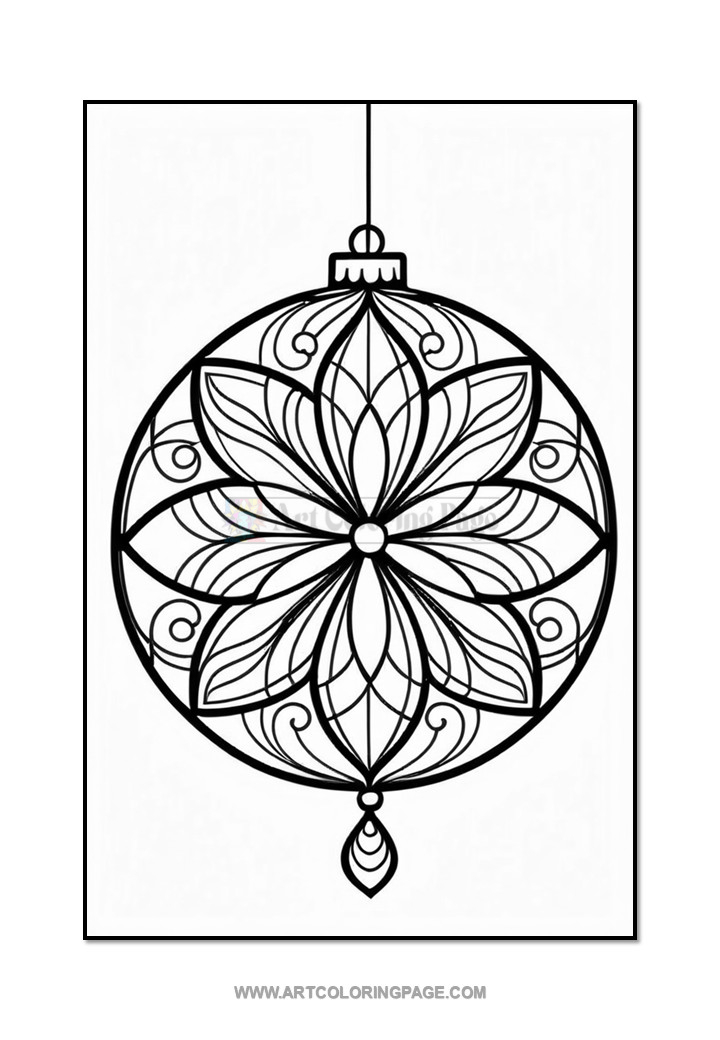A black line drawing of a decorative ornament featuring an intricate floral pattern, suspended from a ribbon at the top, with a teardrop shape hanging at the bottom.