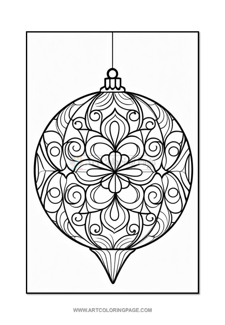 A black and white outline illustration of a decorative Christmas ornament featuring intricate swirling patterns and floral designs.