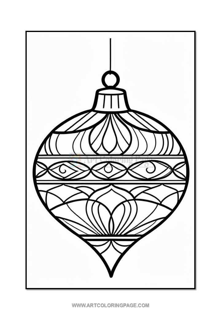 A black line drawing of a decorative Christmas ornament featuring intricate swirling patterns and floral motifs, suspended by a small loop at the top.