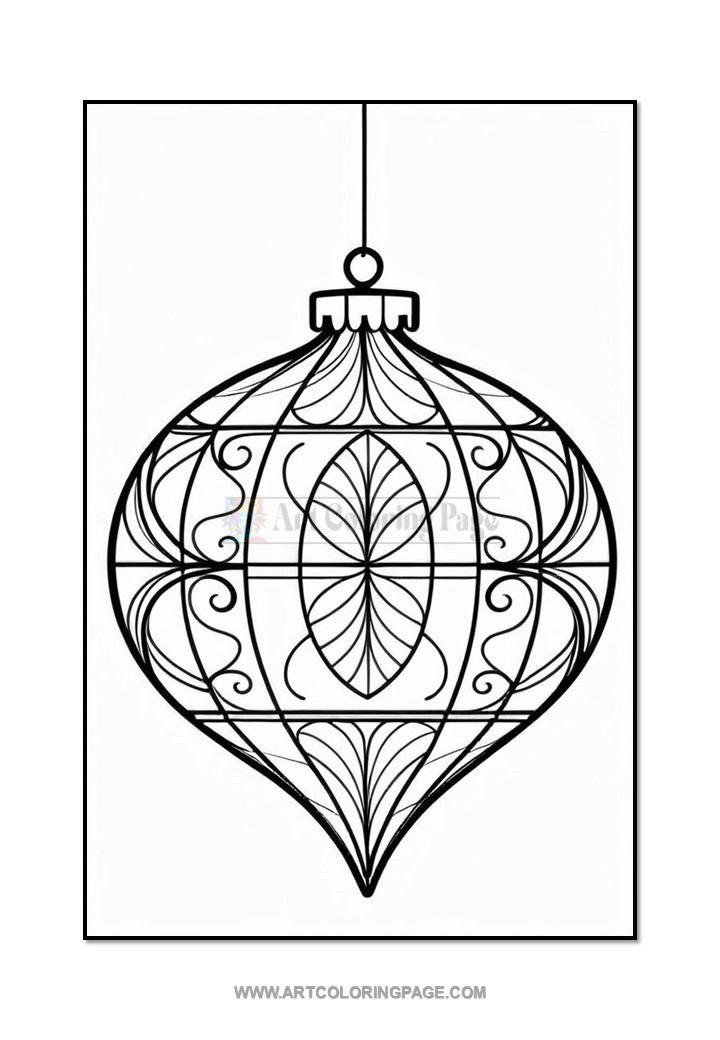 A stylized, black line drawing of a decorative ornament with intricate patterns, suspended from a string at the top.