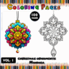 Cover of a coloring book titled 'Christmas Ornaments Mandala' featuring colorful mandala designs of Christmas ornaments on the left and a black and white outline on the right. The title is presented in bold letters, along with 'Vol. 1' and '100 Pages' highlighting the content.