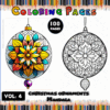 A colorful promotional image for a coloring book titled 'Christmas Ornaments Mandala', featuring a vibrant colored mandala ornament on the left and a black and white outline of the same ornament on the right. The text includes 'Vol. 4' and '100 Pages' at the top, with a border of colored pencils below.