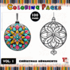 Coloring book cover featuring a colorful Christmas ornament on the left and a black-and-white Christmas ornament outline on the right, with the text 'Christmas Ornaments Coloring Pages' at the top and 'Volume 1' and '100 Pages' prominently displayed.